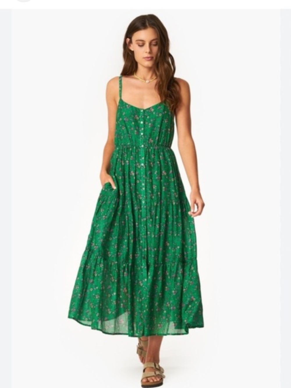 Xirena Green Sophie Floral Print Tiered Cotton Midi Dress Size M